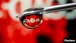 FILE - "COVID-19" is reflected in a drop on a syringe needle in this illustration taken Nov. 9, 2020. 