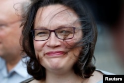 Andrea Nahles, leader of Social Democratic Party (SPD), arrives for a coalition meeting with the CDU and the SPD parties at the Reichstag in Berlin, Germany, July 5, 2018.