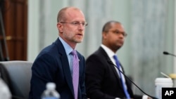 FILE - Brendan Carr answers questions during a Senate Commerce, Science, and Transportation committee hearing in Washington, June 24, 2020. The Republican was recently tapped to chair the U.S. Federal Communications Commission. (Jonathan Newton/The Washington Post via AP, Pool)