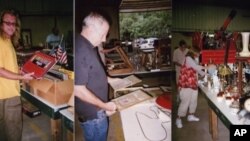 Auction customers Max Bovis (left), John Raccuglia (center) and Brooke Logan browse items at the Crumpton Auction in Maryland.