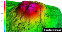 A 3-D view of volcano, with an added icon showing the location of the towfish that slammed into it in January 2016 and sank. (Photo courtesy of ATSB)