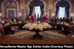 U.S. Secretary of Defense Ash Carter, right, delivers remarks during the Gulf Cooperation Council Defense Ministerial in Riyadh, Saudi Arabia, April 20, 2016. Carter is in Saudi Arabia to participate in the U.S. Gulf Cooperation Council defense meeting.