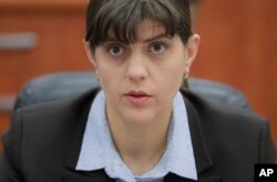 Chief anti-corruption prosecutor Laura Kovesi speaks during an interview with The Associated Press in Bucharest, Romania, Jan. 31, 2017.
