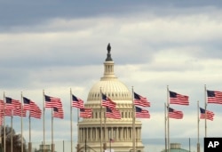 Flags fly in front of the U.S. Capitol in Washington, Jan. 1, 2019, as a partial government shutdown approaches its two-week mark.