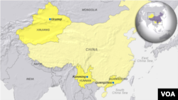 China cities Urumqi, Guangzhou and Kunming