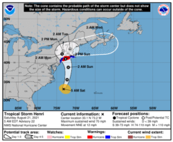 National Hurricane Center map showing the expected track of Tropical Storm Henri, as of 5 AM EDT Aug. 21, 20021.