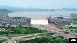 FILE - Water levels are seen at the Grand Ethiopian Renaissance Dam in Guba, Ethiopia, in this frame grab from video obtained from the Ethiopian Public Broadcaster (EBC) on July 20 and July 21, 2020.