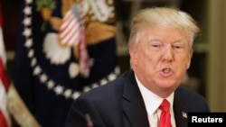 FILE - U.S. President Donald Trump speaks in the Eisenhower Execution Office Building in Washington, April 11, 2017.