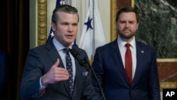 Pete Hegseth speaks after being sworn in as Secretary of Defense by Vice President JD Vance in the Indian Treaty Room of the Eisenhower Executive Office Building on the White House campus in Washington, Jan. 25, 2025. 