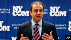 FILE - U.S. Attorney Preet Bharara is seen speaking at a conference Feb. 8, 2016, in Albany, New York. On Wednesday, Bharara disclosed the Panama Papers probe to a group of investigative journalists.