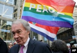 Sen. Edward Markey, D-Mass., speaks with reporters following a rally called "We Will Persist," Feb. 21, 2017, in Boston.