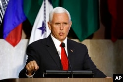 Vice President Mike Pence speaks at the 49th Washington Conference on the Americas, May 7, 2019, at the U.S. State Department in Washington.