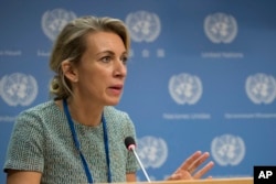 FILE - Russian Foreign Ministry spokesperson Maria Zakharova speaks during a news conference at United Nations headquarters, Sept. 22, 2017.