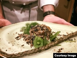 Sean Sherman prepared this modern version of a traditional Lakota dish, Wasna, made with duck, popped wild rice and amaranth, foraged fennel and miners lettuce at the 20th annual World of Flavors at the Culinary Institute of America, St. Helena, Ca.