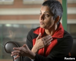 FILE - Rafida Ahmed, who suffered injuries, including the loss of a thumb, during a hacking attack, is interviewed near Washington, April 23, 2015. Ahmed's husband, blogger Avijit Roy, was killed in the February attack in Dhaka.