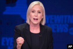 FILE - Sen. Kirsten Gillibrand, D-N.Y., speaks during the New York Senate debate hosted by WABC-TV, in New York, Oct. 25, 2018.