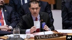 Venezuela's Minister of Foreign Affairs Jorge Arreaza speaks during the United Nations Security Council at the U.N., Jan. 26, 2019, in New York. During the meeting, U.S. Secretary of State Mike Pompeo encouraged the council to recognize Juan Guaido as the constitutional interim President of Venezuela.