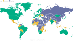 "Ozodlik uyi" tuzgan xarita. Yashil - erkin, sariq - qisman erkin, binafsha rang - erkin emas