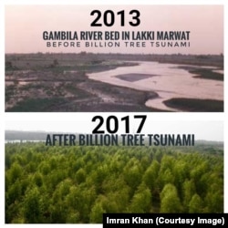 Pictures of a river bank before and after the Billion Tree Tsunami campaign.