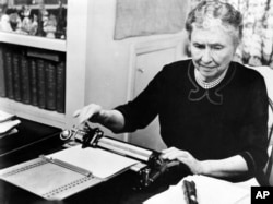 FILE - Author and humanitarian Helen Keller, deaf and blind since childhood, appears in "The Unconquered," June 18, 1954. Also known as "Helen Keller in Her Story," the documentary film won a 1955 Academy Award. (AP photo)