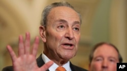 FILE - Senate Minority Leader Chuck Schumer of N.Y. with Sen. Tom Udall, D-N.M., speaks to reporters on Capitol Hill in Washington.