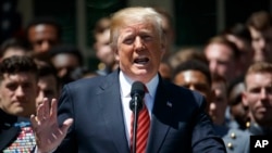 President Donald Trump speaks in the Rose Garden of the White House in Washington, May 1, 2018.