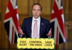 Britain's Health Secretary Matt Hancock holds the daily coronavirus disease news conference at 10 Downing Street in London, May 21, 2020.