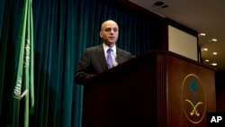 Saudi Arabian Ambassador to the United States Adel Al-Jubeir speaks during a news conference at the Royal Embassy of Saudi Arabia in Washington, Wednesday, March 25, 2015.