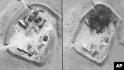 Foto sebelum (kiri) dan sesudah serangan udara oleh Pentagon atas sebuah kilang minyak di Suriah. 