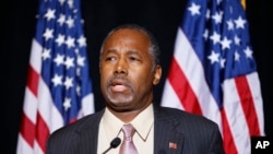 FILE - Republican presidential candidate Dr. Ben Carson speaks at a news conference in Henderson, Nevada, Nov. 16, 2015.