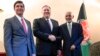 Menteri Luar Negeri AS Mike Pompeo (tengah) didampingi Menteri Pertahanan Mark Esper bersalaman dengan Presiden Afghanistan Ashraf Ghani (kanan) di Konferensi Keamanana Munich ke-56, di Munich, Jerman, Jumat, 14 Februari 2020. 