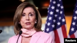 U.S. House Speaker Nancy Pelosi (D-CA) addresses her weekly news conference with Capitol Hill reporters at the U.S. Capitol in Washington.