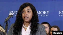 Ebola Nurse Amber Vinson speaks before her release from Emory University Hospital in Atlanta, Georgia October 28, 2014. Vinson, 29, the second of two American nurses who became infected with Ebola while treating a Liberian man who died of the disease in Texas was released from an Atlanta hospital having been declared free of the virus.