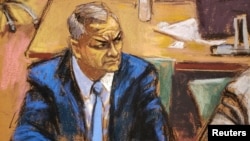 Former Mexican security secretary Genaro Garcia Luna sits in Brooklyn federal court on drug trafficking charges during jury selection in New York, Jan. 17, 2023 in this courtroom sketch. 