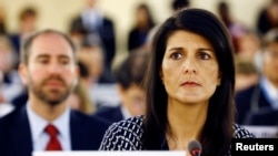 L'ambassadrice américaine Nikki Haley au Conseil des droits de l'Homme, à Genève, le 6 juin 2017.