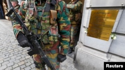 A Belgian soldier guards the entrance of the Jewish Museum in central Brussels, Jan. 18, 2015. 