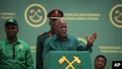 FILE - Tanzanian President John Magufuli speaks at the national congress of his ruling Chama Cha Mapinduzi party in Dodoma, Tanzania, July 11, 2020. 