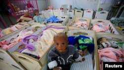 Children of Islamic State fighters who suffer from malnourishment are seen at a hospital in Hasaka, northeastern Syria, April 6, 2019.