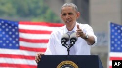 President Barack Obama speaks about the economy and transportation at Georgetown Waterfront Park in Washington, July 1, 2014.