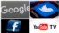 FILE - a combination photo shows, clockwise, from upper left: a Google logo, the Twitter icon, a YouTube TV logo and a Facebook icon. 