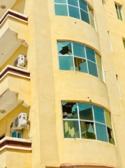 The damaged facade of the Hormuud building is seen after fighting between the Somali federal army and Jubaland state forces in Beled Hawo, in the Gedo region of Somalia Jan. 25, 2021. (SHAFIE A. MAGAN @ShafiMagan)