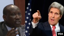 The South Sudanese Minister in the Office of the President, Awan Riak, (left) and U.S. Secretary of State John Kerry, who met April 10, 2014 in Washington.