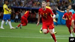 Cầu thủ Kevin De Bruyne của Bỉ ăn mừng bàn thắng thứ hai trong trận tứ kết đối đầu Brazil tại Sân Kazan, ở Kazan, Nga, ngày 6 tháng 7, 2018.