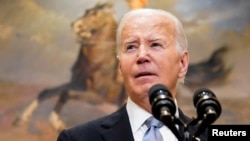 资料照片：美国总统拜登在白宫就前总统特朗普经历的枪击事件发表简短讲话。(2024年7月14日)