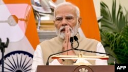 ভারতের প্রধানমন্ত্রী নরেন্দ্র মোদী নয়াদিল্লির হায়দরাবাদ হাউসে একটি মিডিয়া ব্রিফিং-এ। ৭ অক্টোবর, ২০২৪। ফাইল ছবি।