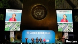 16-year-old Swedish Climate activist Greta Thunberg speaks at the 2019 United Nations Climate Action Summit at U.N. headquarters in New York City, New York, Sept. 23, 2019.