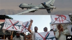 FILE - This composite image shows a U.S. Air Force drone that was piloted during missions over the tribal regions of Pakistan and Afghanistan, and Pakistan's Islamist party Pasban (bottom photo) protesting against U.S. drone attacks in the Pakistani tribal region, Karachi, Pakistan.