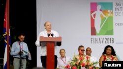 Cuba's Minister of Foreign Trade and Investment Rodrigo Malmierca speaks during the opening ceremony of the 36th Havana International Fair (FIHAV) in Havana, Cuba, Oct. 29, 2018.