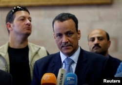 FILE - United Nations Special Envoy for Yemen, Ismail Ould Cheikh Ahmed, speaks to reporters upon his arrival at Sana'a airport on a visit to Yemen, May 22, 2017.