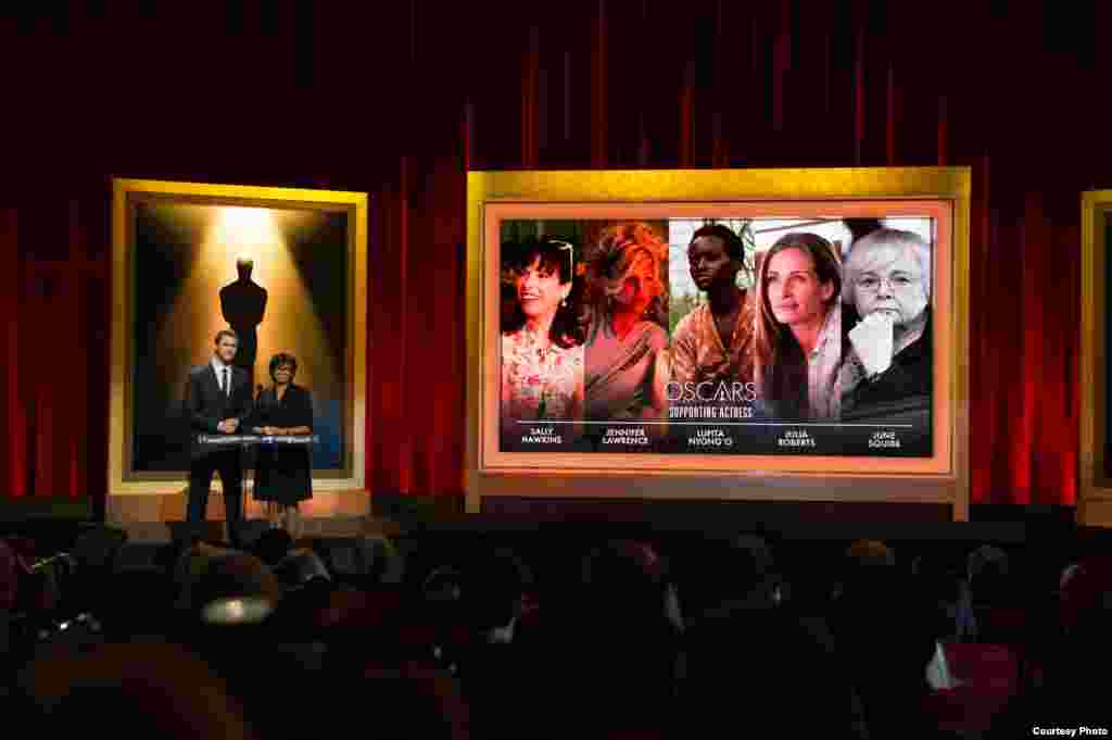 Actor Chris Hemsworth (left) and Academy President Cheryl Boone Isaacs announced the nominees for the 86th Annual Academy Awards in the Academy&#39;s Samuel Goldwyn Theater, Jan. 16, 2014, Los Angeles, California. (Oscars.org)